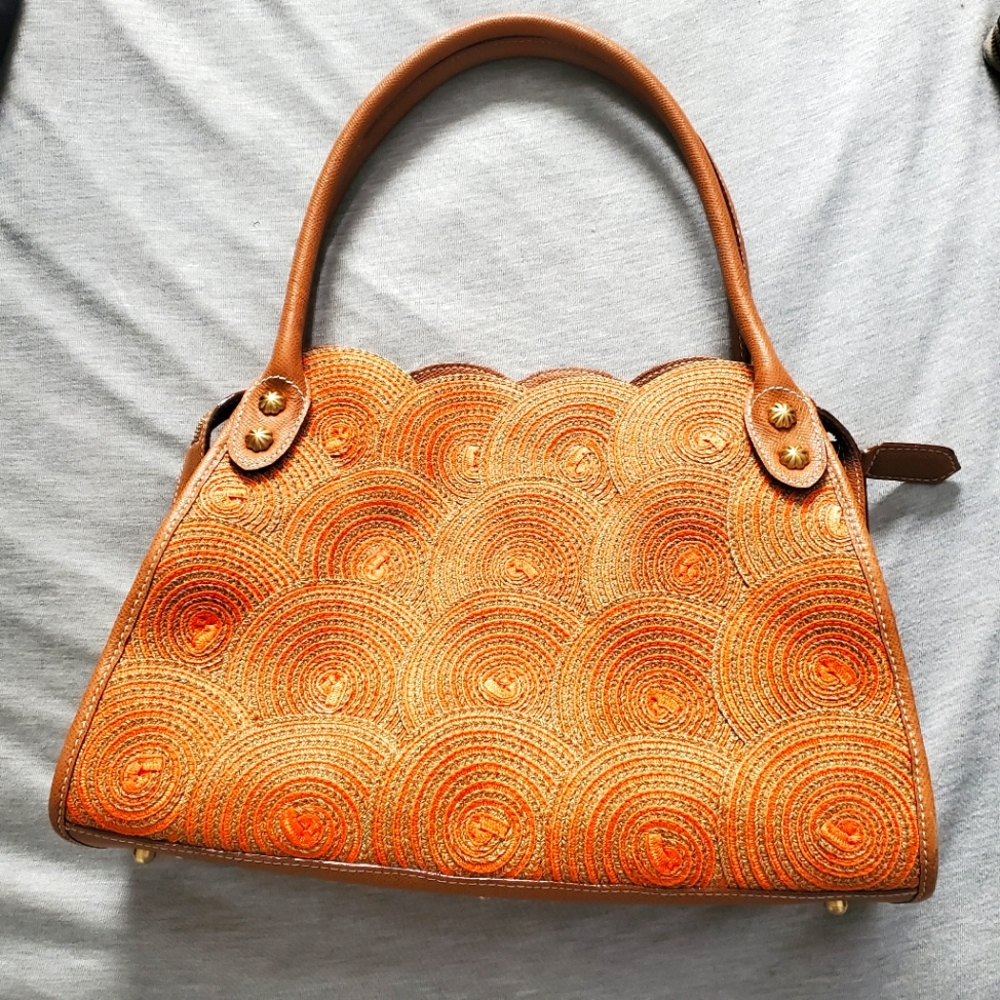 Eric Javits Leather/Raffia Straw Summer Orange Lil Circles